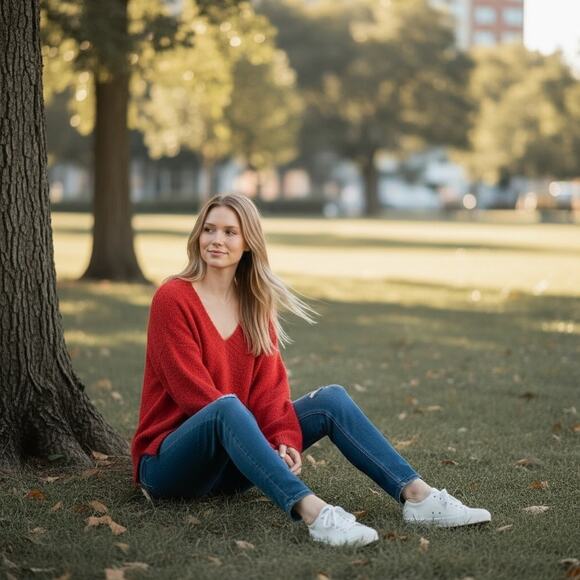 Aerie Sweaters - NWT Aerie Red Fuzzy V Neck Oversized Sweater Women’s Medium
